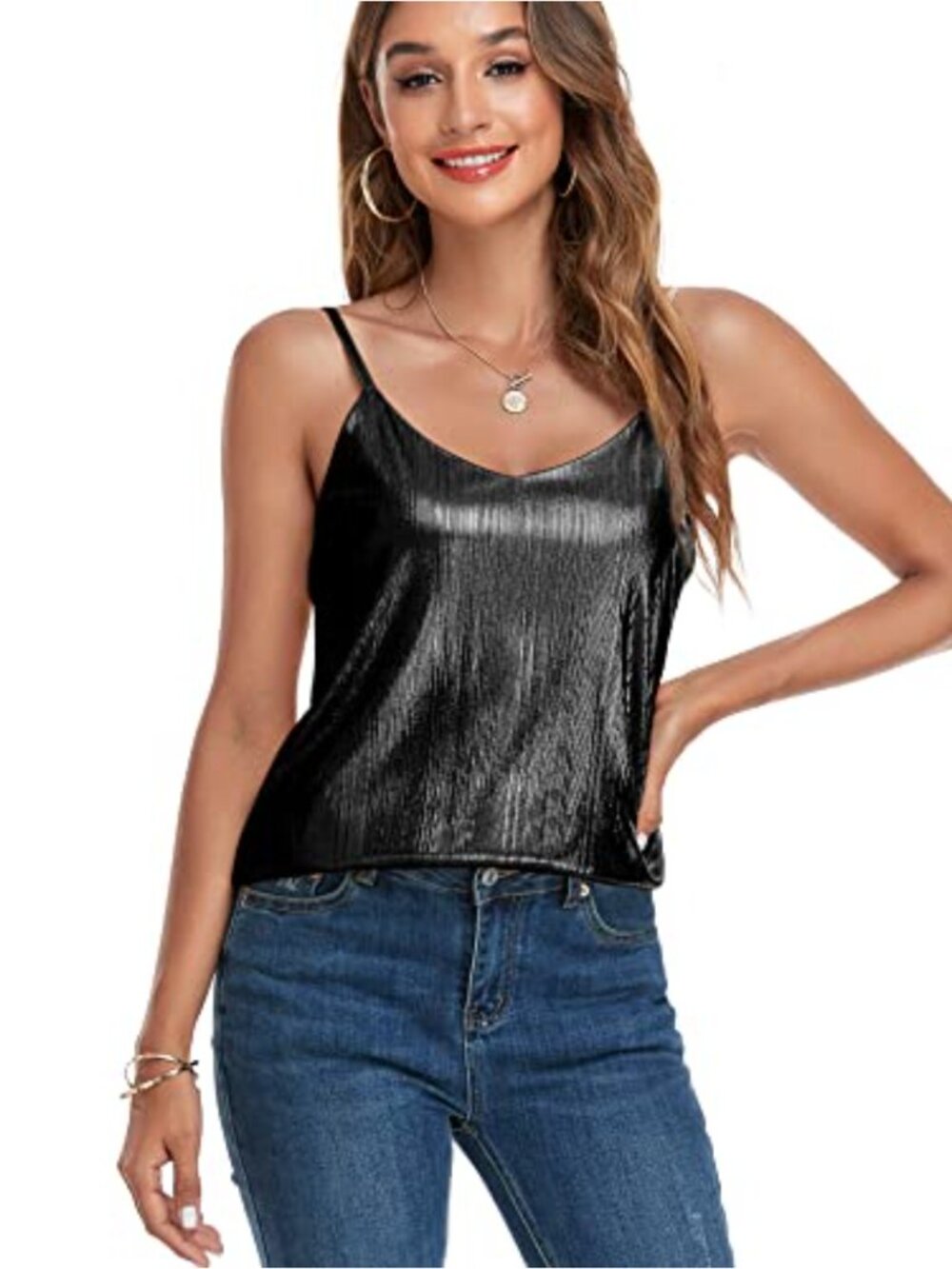 Sparkle V-Neck Tank Top Sleeveless Shimmer Camisole Adjustable Strap Party